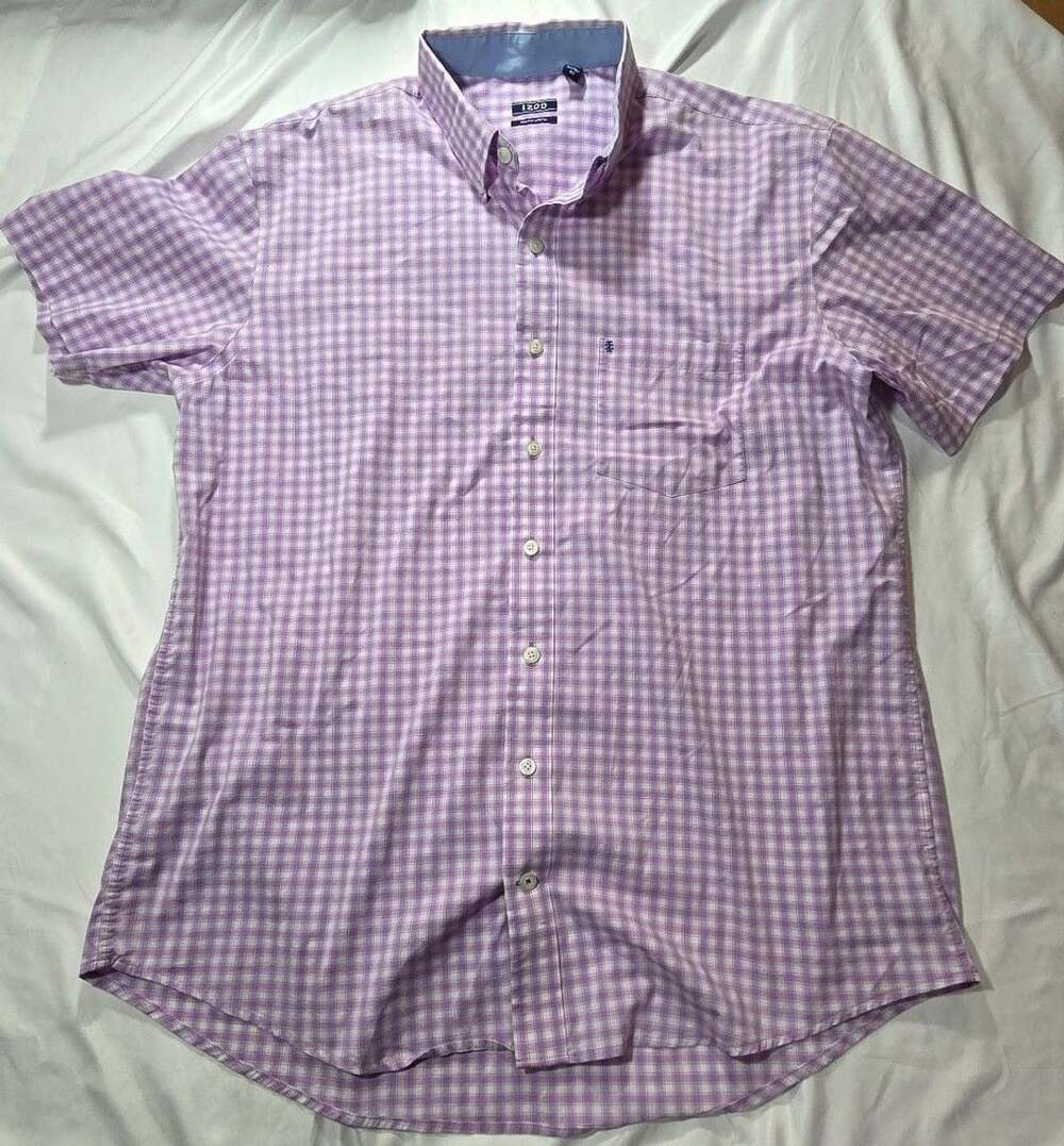 IZOD Button-Down Shirt Size XLT Purple Gingham Short Sleeve Non-Iron Stretch